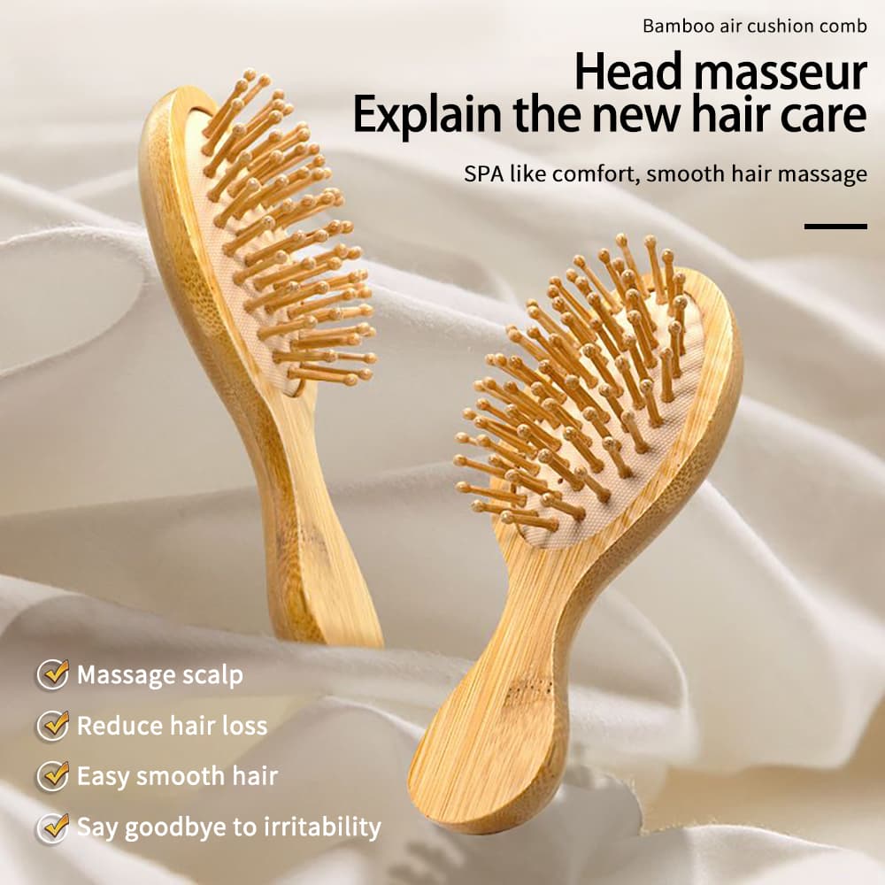 Pente De Massagem De Couro Cabeludo De Bambu Ecológico-Airbag Suave , Cabo De Madeira , Uso Universal