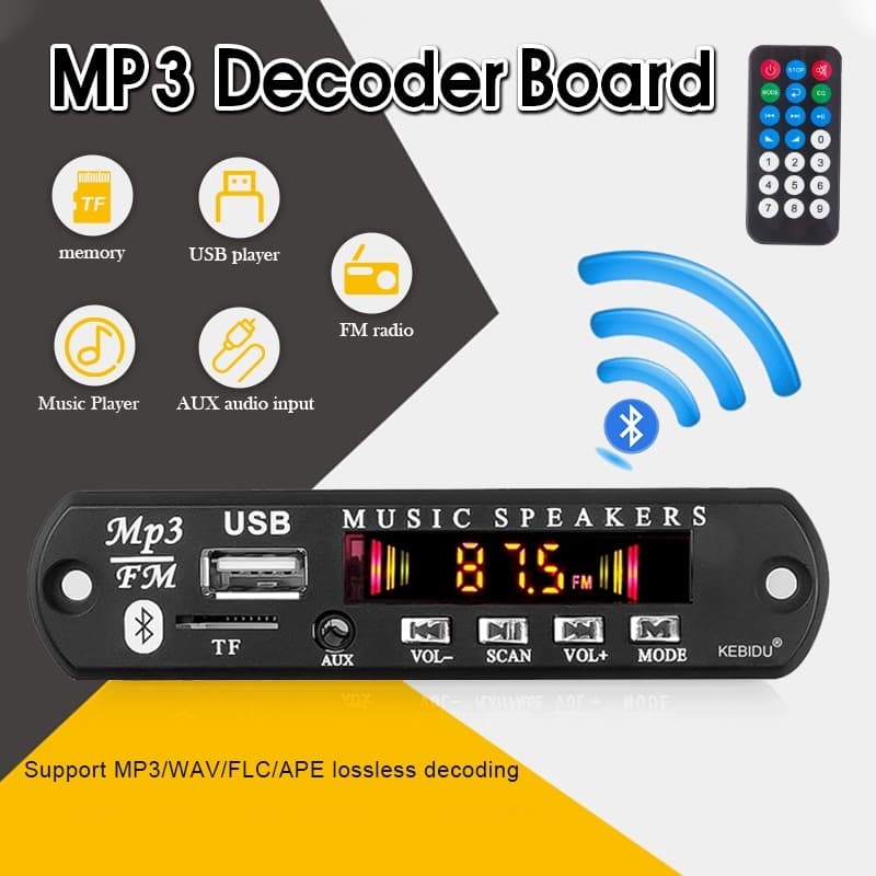 Placa de Amplificador de Áudio Bluetooth 5.0 para Carro, Rádio FM, Receptor TF USB 3.5mm AUX, 12V com Controle Remoto.
