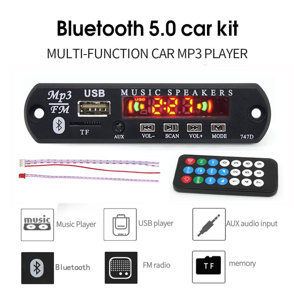 Bluetooth 5.0 MP3 Player Placa Deco Para Carro Rádio FM TF USB 3.5mm Módulo AUX Receptor Amplificador Áudio 12V Com Cont