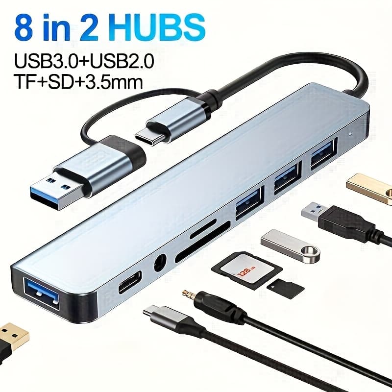 8 Em 1 USB Hub Expansor Dock Type C TF Leitor SD Áudio Compatível Com MacBook Pro ipad HP