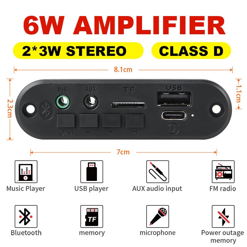 [Shopee Choice] Amplificador 2 * 3W 6W 5V Placa MP3 Bluetooth 5.0 Áudio Estéreo DIY Car MP3 Player Rádio FM TF USB 3.5 M