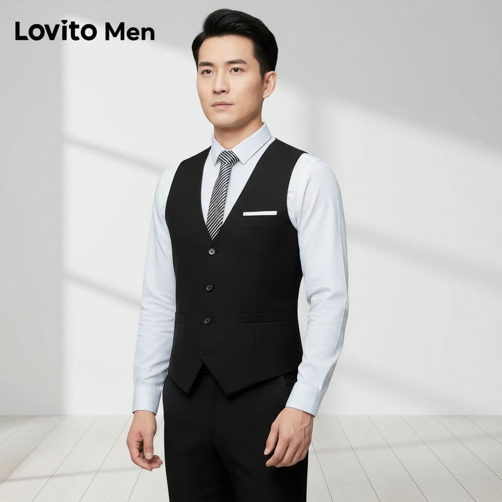 Lovito Colete Masculino Casual Preto com Botões LNE127158