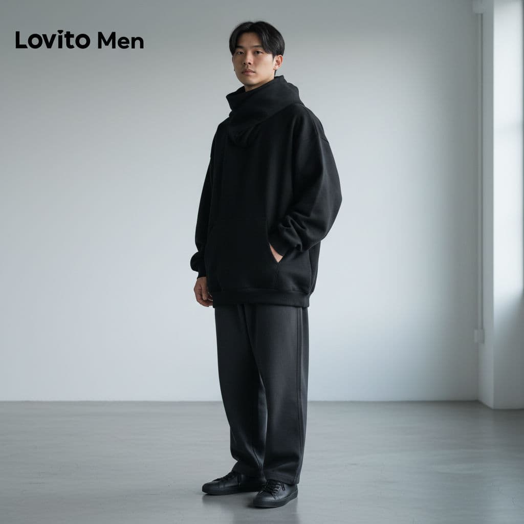 Lovito Moletom Masculino Casual Outono Inverno Preto Estrutura LNE127076
