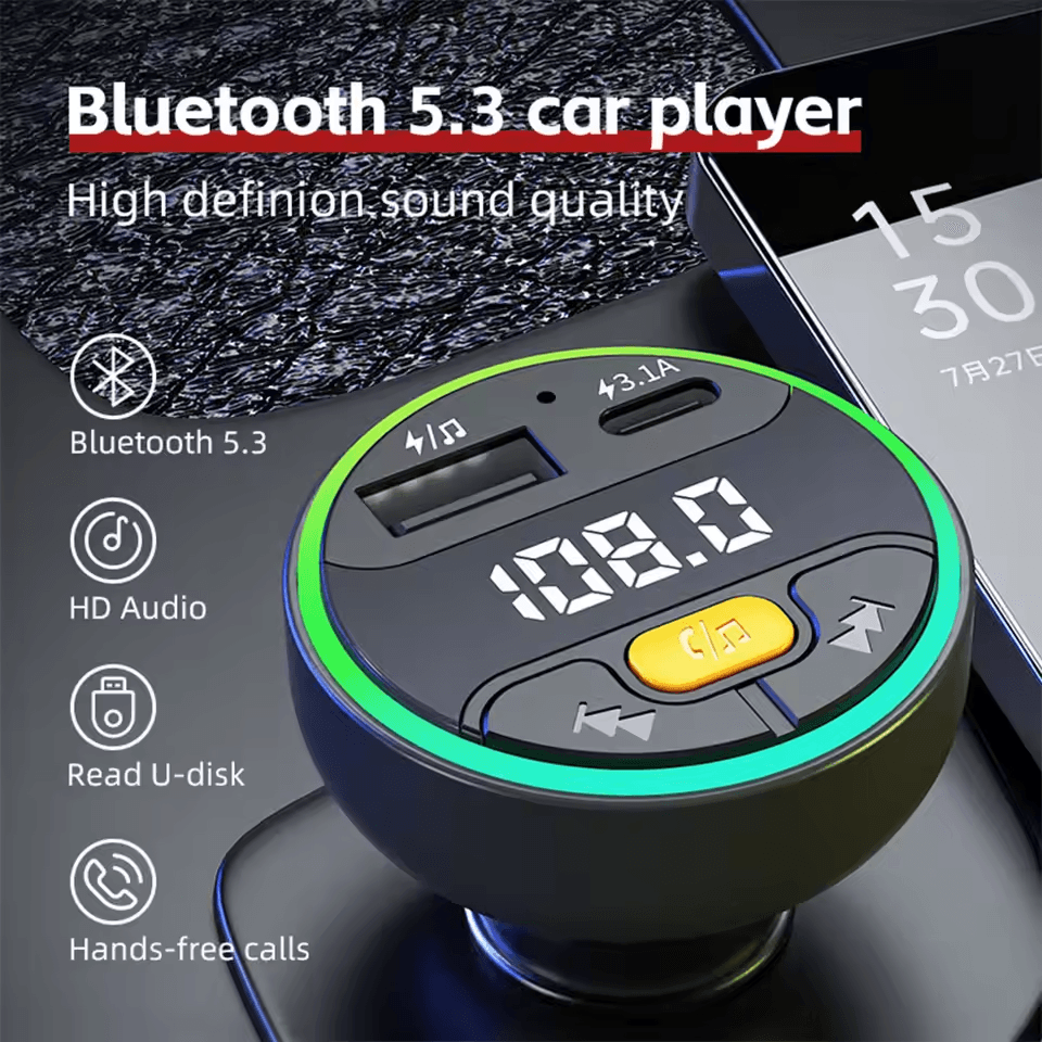  Transmissor FM Bluetooth 5.3 MP3 Automotivo com Viva-Voz, Modulador de Rádio AUX e Adaptador PD30W 22,5W