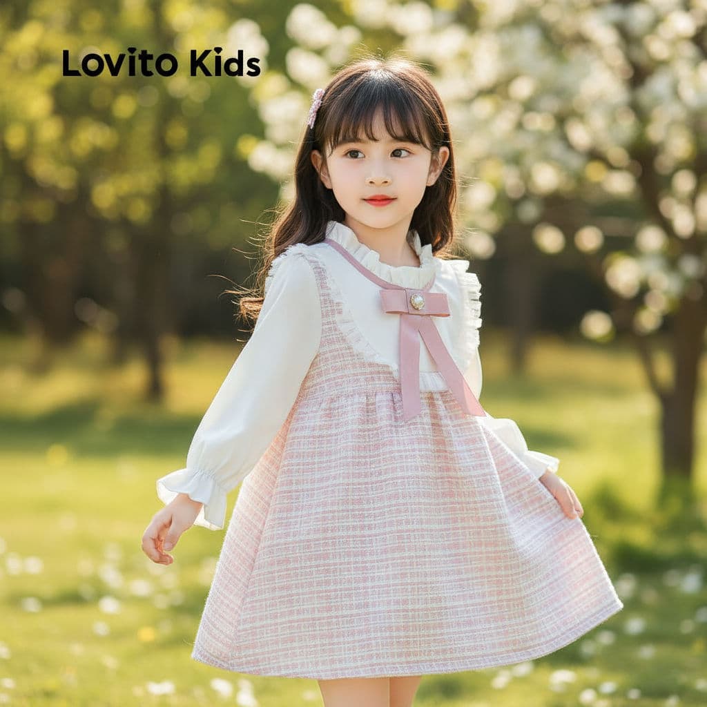 Lovito Vestido Casual para Meninas com Laço Primavera Verão LNL123140