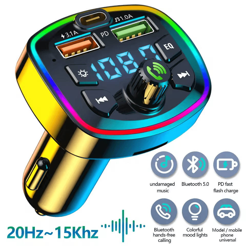  Transmissor FM Bluetooth 5.0, Carregador Veicular 3 Portas USB, Adaptador de Carregamento Rápido Tipo C PD 45W para