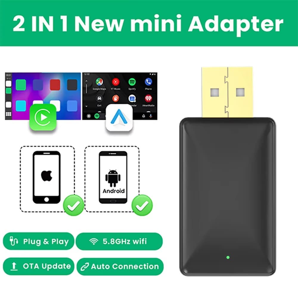 Adaptador Mini Sem Fios 2 em 1 CarPlay & Android Auto para Carros 2025, Adaptador CarPlay Sem Fios, Converte Conexão Com