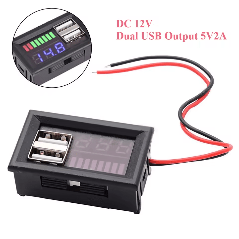  Dual USB 5V 2A Medidor de Voltagem para Carro Painel 12V-24V Indicador de Capacidade de Bateria de Lítio Testador de
