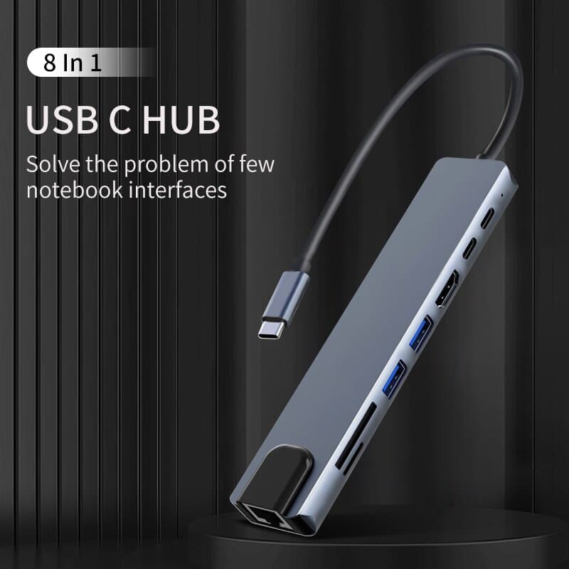  8-em-1 Hub USB C 4K HDMI USB 3.1 RJ45 Leitor de Cartão SD/TF Carregamento PD para Laptop Computador