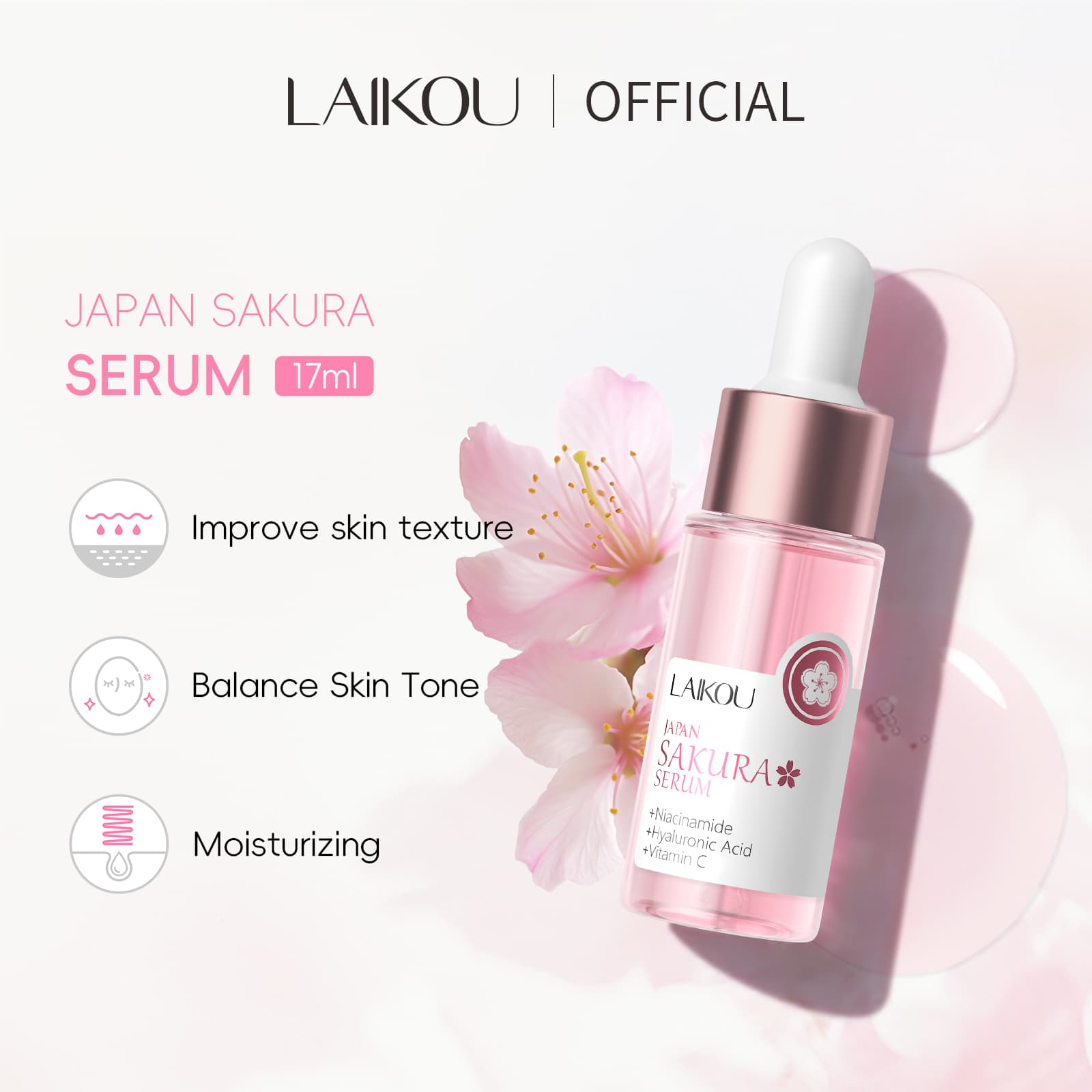 LAIKOU Sakura Serum Essence Encolher Poros Rejuvenescimento Da Pele Soro Clareador 17ml