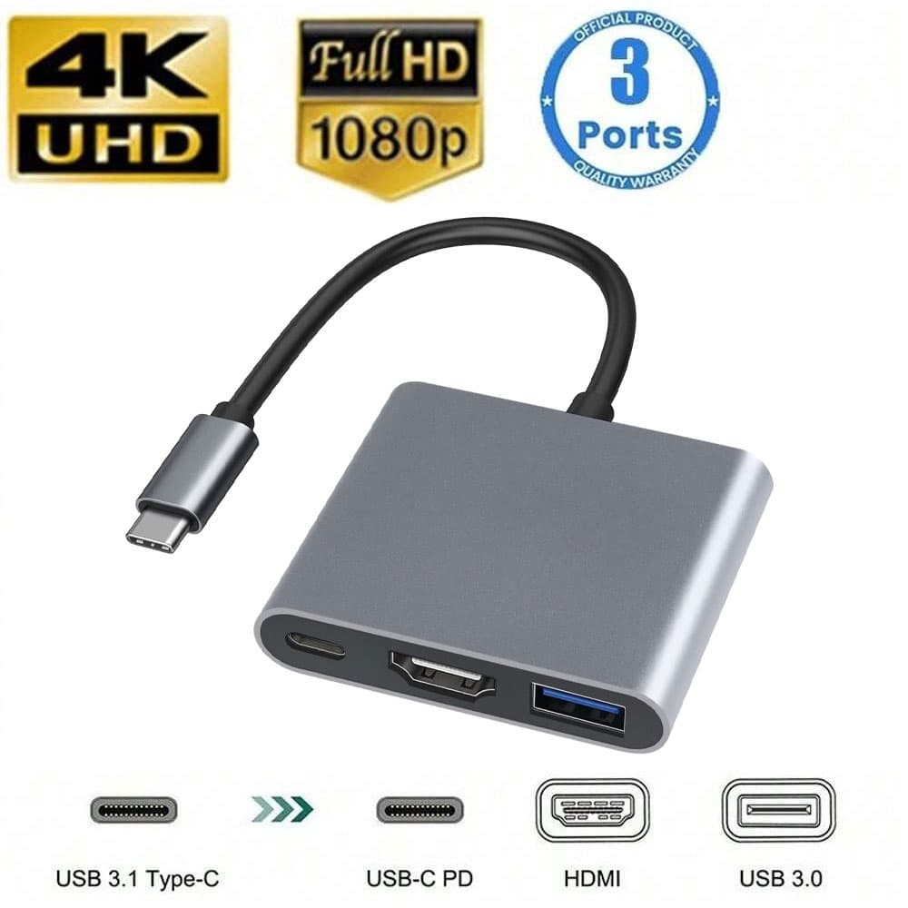 Porta USB Para Adaptador HDMI Tipo C HUB OTG 3 Em 1 4K Suporte Laptops Tablet Presente De Feriado