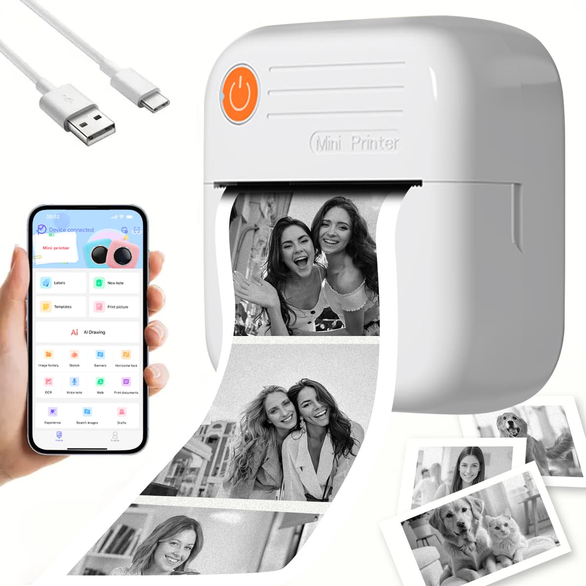  Mini Impressora de Etiquetas Térmicas - Impressora de Fotos Portátil, Máquina de Etiquetas e Notas, Bluetooth Sem Fio,