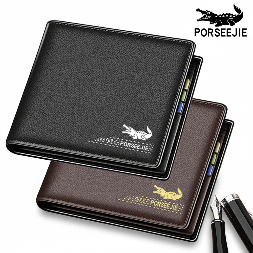 Carteira De Couro Fina Masculina-Porta-Cartões Elegante Com Compartimento Para Licença Estudantes ​