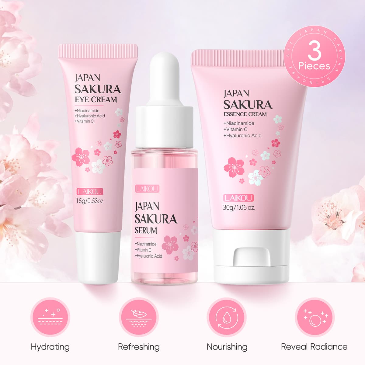 LAIKOU Sakura Skin Care Soro Facial Clarear Manchas Creme Apertar Poros Hidratante 3pcs