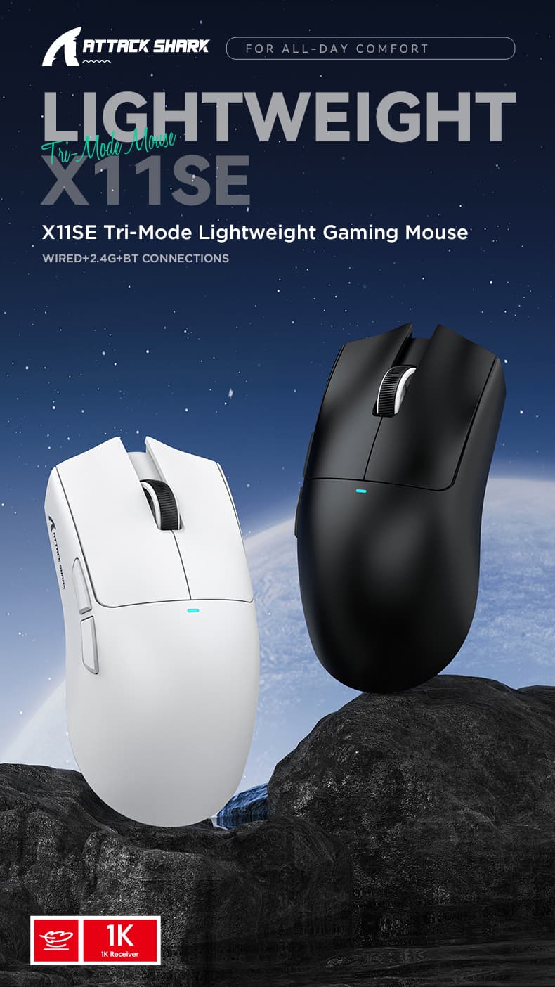  RATO SHARK X11/X11SE Mouse Gamer Leve, Tri-Modo Sem Fio, 22000DPI, Bateria 65H, Design Ergonômico para Jogos de