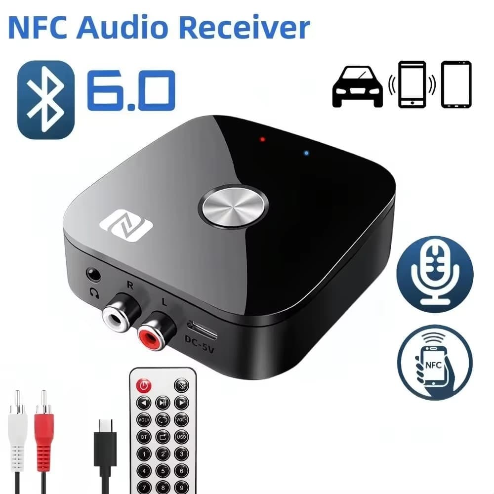  Receptor de Áudio Bluetooth NFC 6.0 Adaptador Estéreo Sem Fio USB RCA R/L AUX 3.5mm Controle Remoto
