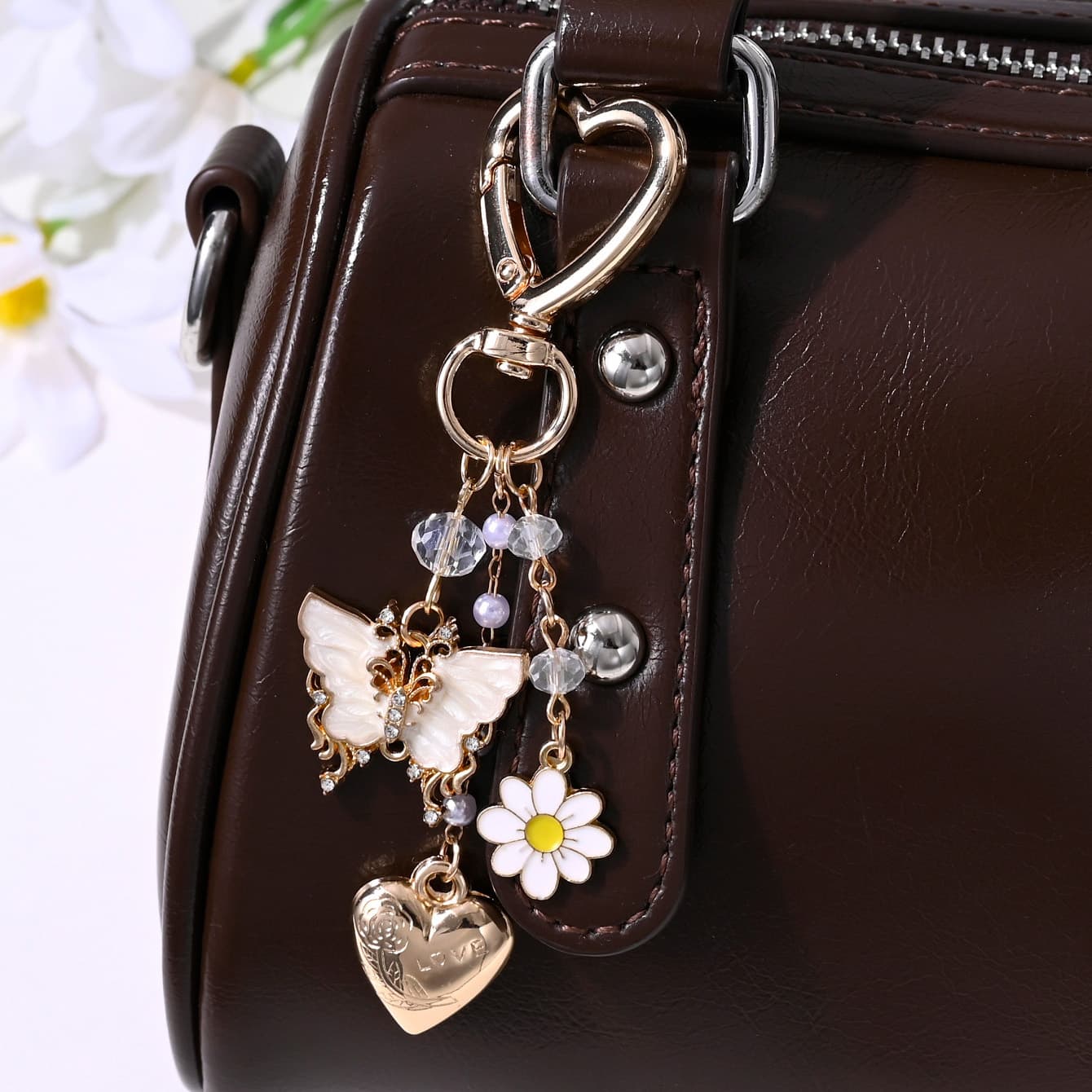  Pingente de Chaveiro com Flor de Borboleta, Conta e Amor - Bolsa, Carro, Acessório de Festa (1 Unidade)