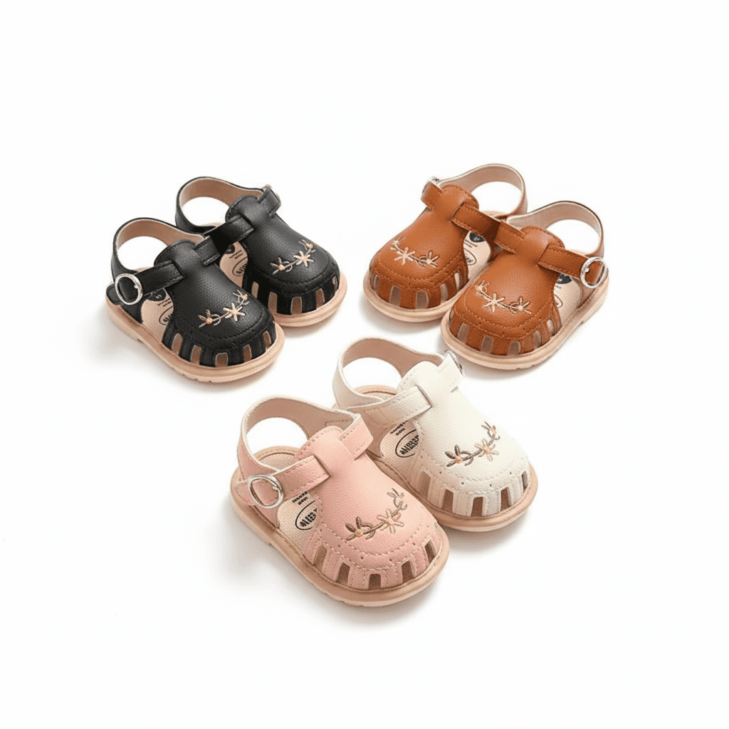 Sandálias De Verão Para Bebês De 0 A 1 Ano , Couro PU Antiderrapante , Flor Bordada , Sapatos Infantis De Praia Crianças