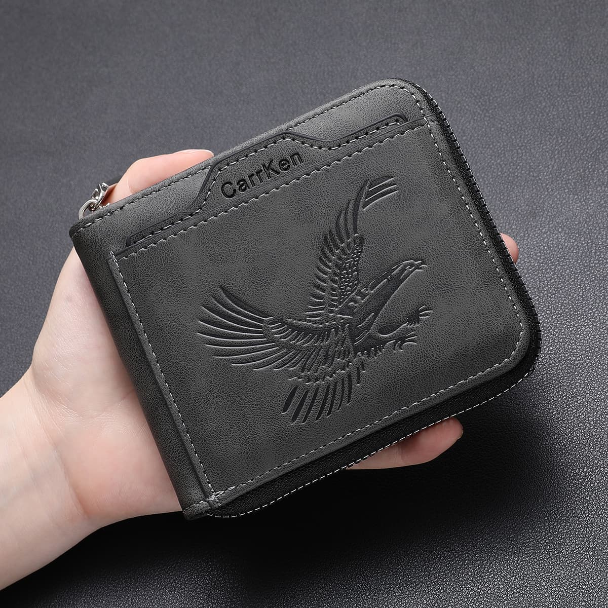 Carteira Curta CarrKen Para Homens Eagle Print Zip Horizontal Multi-Card ID Case Com Bolso Moedas