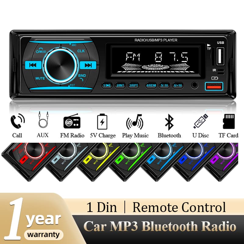  Hippcron Rádio Automotivo 1din Universal Rádio Carro MP3 Player FM/BT/AUX/USB/TF/Carregamento de Celular 7 Luzes