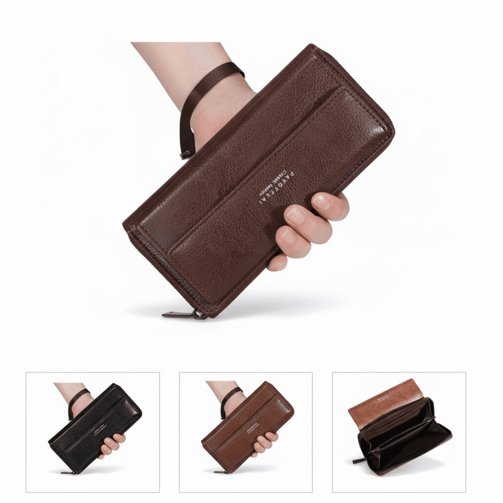Carteira Masculina Com Zíper Longo – Suporte Para Telefone Em Couro PU De Grande Capacidade Compartimentos Vários Cartõe