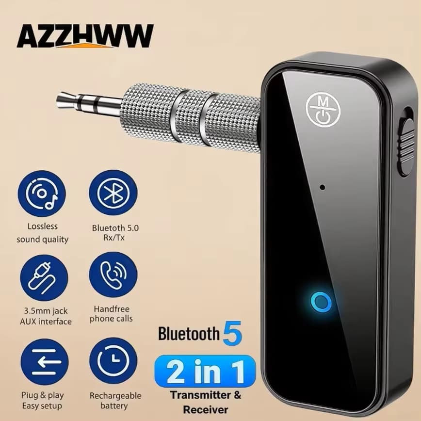  Adaptador Bluetooth 6.0 AUX 3,5mm 2 em 1 Receptor/Transmissor para Caixas de Som Automotivas, Fones de Ouvido, Tablets,