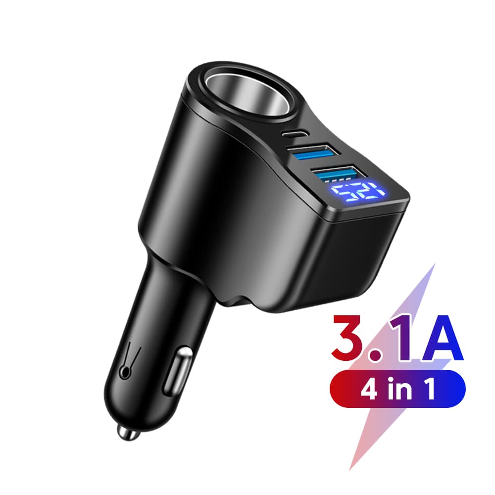  3.1A 4 em 1 Display Digital 2 USB 1 Carregador de Carro Tipo C 3 Portas Carregador de Celular Rápido para Carro Preto