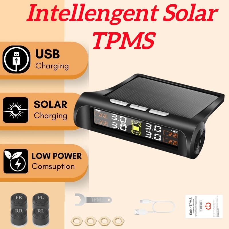  Sistema de Monitoramento de Pressão de Pneus para Carro TPMS Solar Sem Fio com 4 Sensores Externos LCD