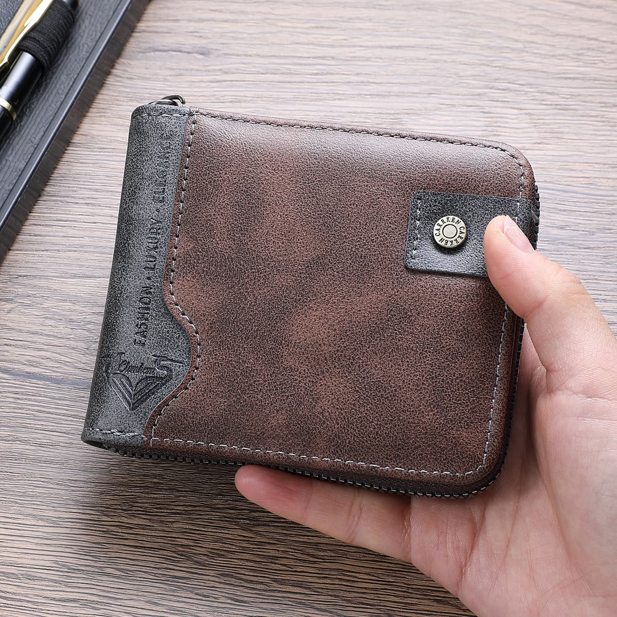  Carteira masculina curta com zíper vintage, design em patchwork bicolor, multifuncional de grande capacidade para