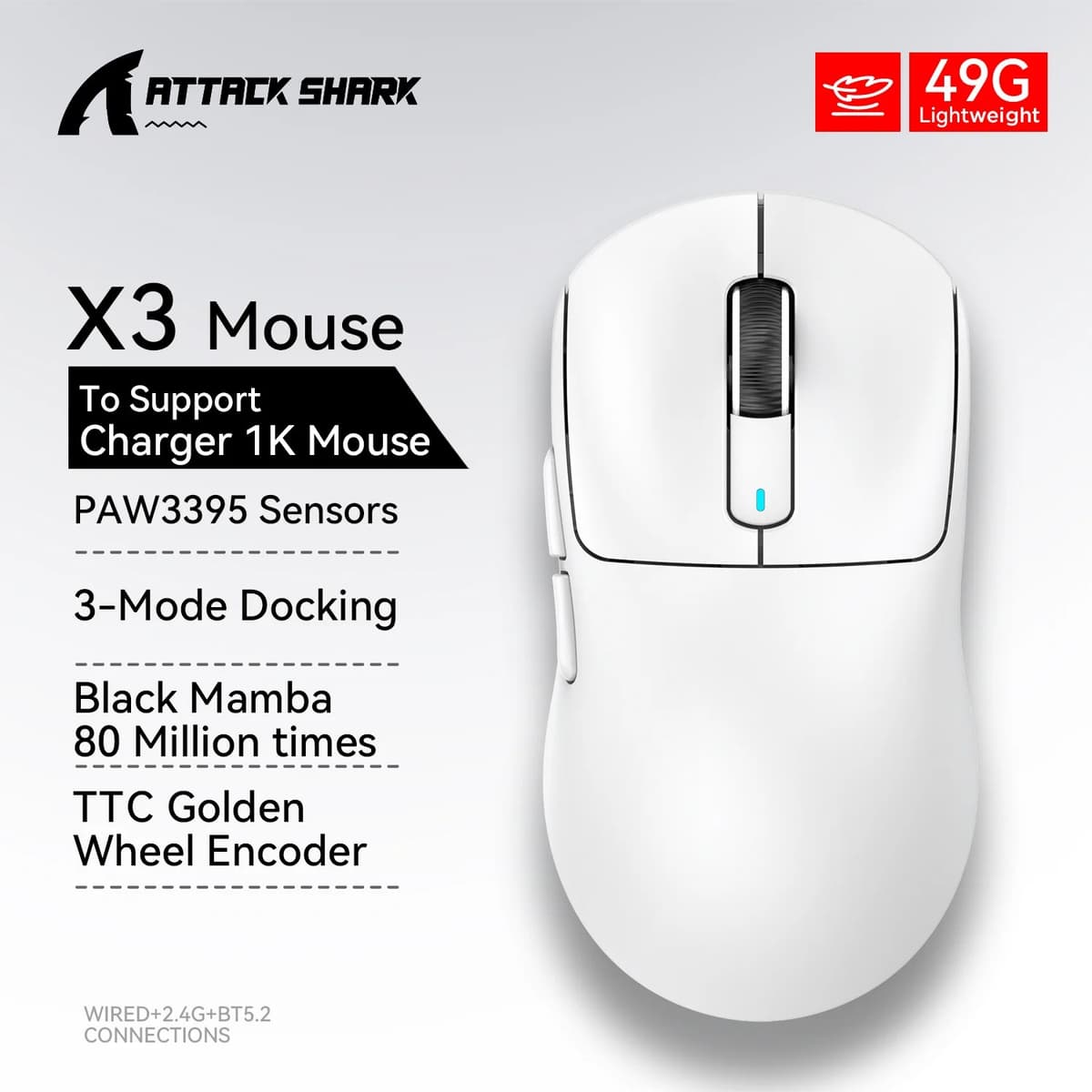  Mouse Gamer Sem Fio Attack Shark X3 Sensor PAW3395 26K DPI Tri-Modo Taxa de Polling Ultra-Leve Botões Programáveis