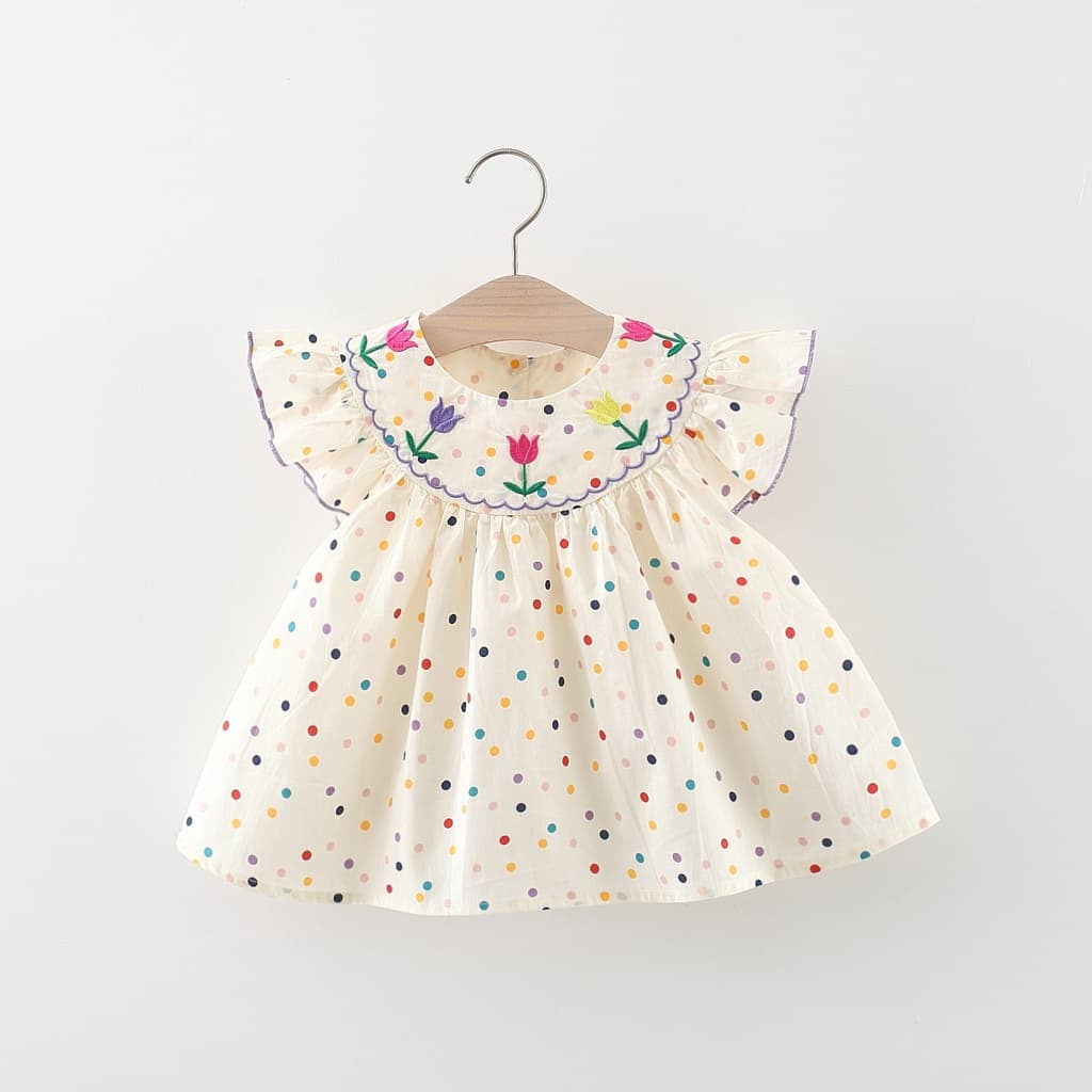Vestido De Boneca De Verão Para Bebê Menina Com Pontos Coloridos E Bordado De Flores (0-3 Anos)